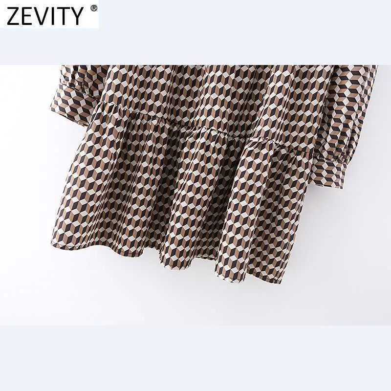 Zevity Kobiety Vintage Stojak Kołnierz Geometryczne Print Pleys Mini Sukienka Chic Kobieta Słodka Smukła Smukła Slim Vestido DS4863 210603