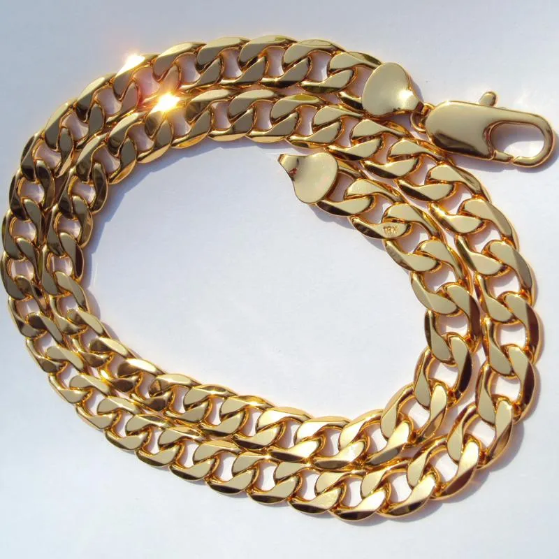 24 желтое сплошное золото АУТЕНТИЧНАЯ ОТДЕЛКА 18 К, штампованное 10 мм, тонкое бордюрное кубинское звено, ожерелье-цепочка, мужское ожерелье с подвеской на шею280T