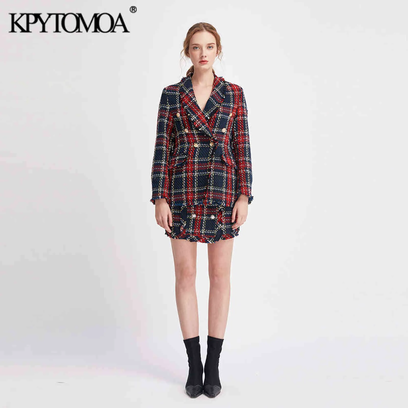 KPYTOMOA Frauen Mode Zweireiher Ausgefranste Check Tweed Blazer Mantel Vintage Lange Hülse Weibliche Oberbekleidung Chic Tops 211122