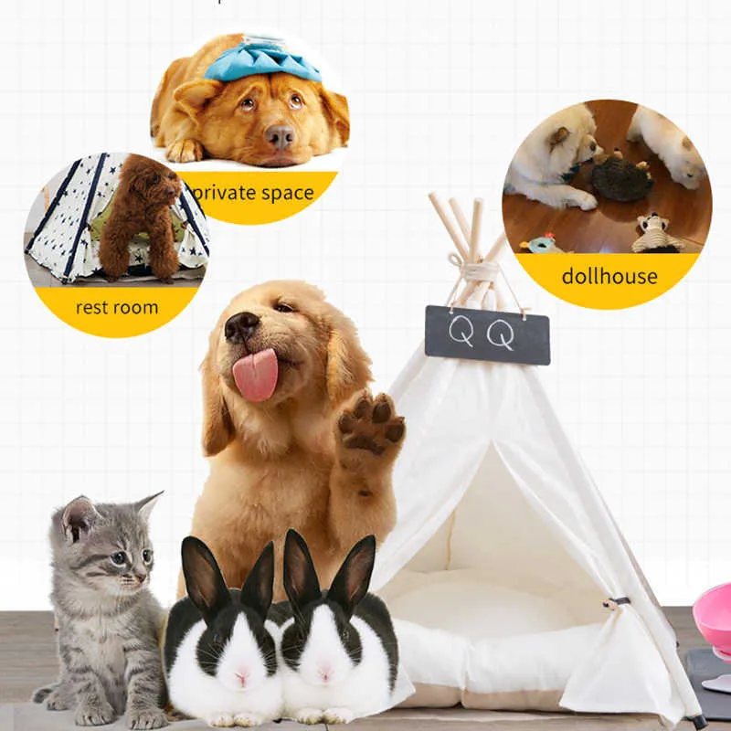 Tienda de campaña para mascotas, cama para gatos, tipi portátil con cojín grueso y es disponibles para perros, cachorros, excursiones, exteriores, interiores, 210915