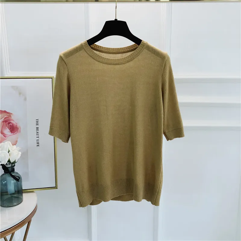 Summer Solid O-neck Short Sleeve Knit Tshirt Simple All Match Knitted Tops Women Soft Ropa Mujer 210514