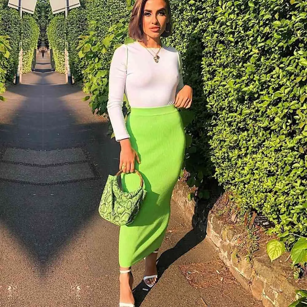 OL Vrouwen Neon High Waist kokerrok Zomer Herfst Fluorescent Green Pink High Split Solid Skirt Knit Ribbon Bodycon Midi Rok X0428