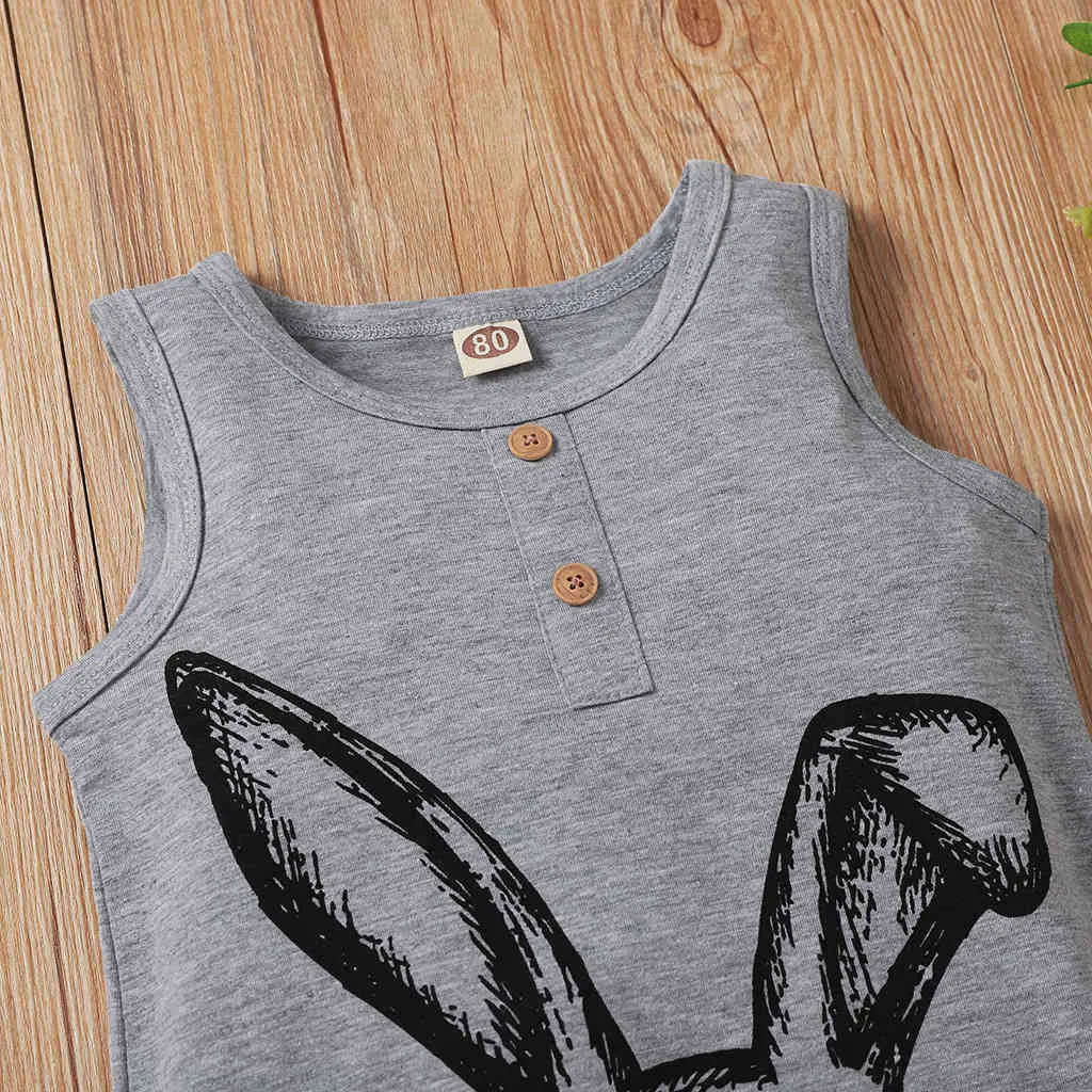 Lato Baby Romper Cartoon Rabbit Print Bez Rękawów Urodzony Kombinezon Dziewczyna Chłopcy Ubrania Szare Spodnie Body 210515