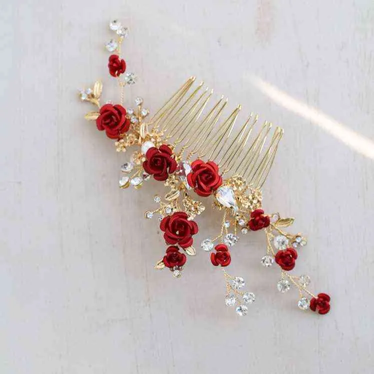 Jonnafe rosa vermelha floral headpiece para mulheres baile de formatura nupcial pente de cabelo acessórios jóias de casamento artesanal 2201251283052
