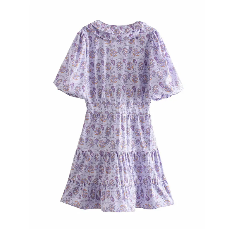 Violet imprimé à volants femme robes été Vintage manches courtes bouffantes fête Mini robe femmes froncées taille Vestidos 210430