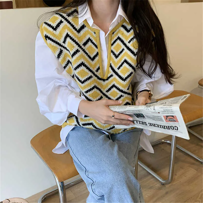 Aelegantmis 90s Vintage femmes coréennes Argyle col en V tricoté gilet printemps couleur bloc femme rue pull débardeurs 210607