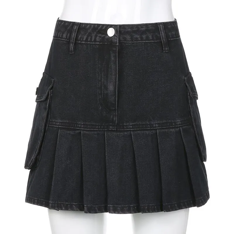 Womens Vintage Pleated Goth Denim Skirts Girl Dark Preppy Style Fashion Black High Waist Pockets Skirt 90s Korean 210517