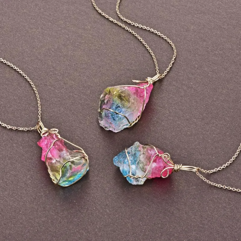 Pendant Necklaces Irregular Natural Crystal Stone Wire Wrap Necklace For Women Rainbow Quartz Reiki Healing196x