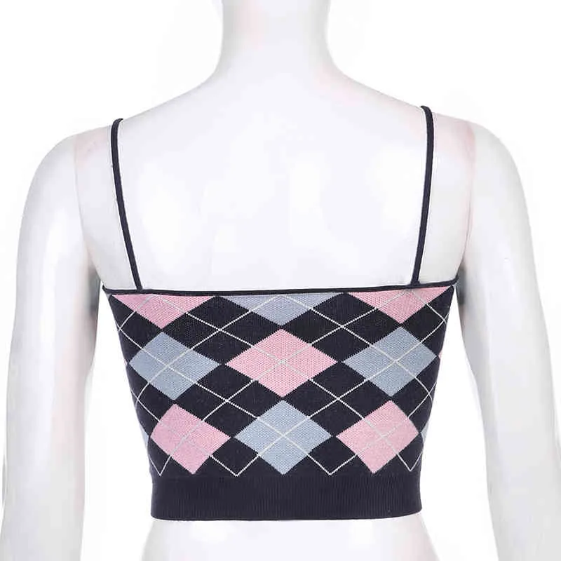 Kawaii Argyle Print Sticka Y2K Camis Strap Crop Top For Girls Sommar Mode Kvinnor Vintage Plaid Shirt Ärmlös Tank Kvinna 210510