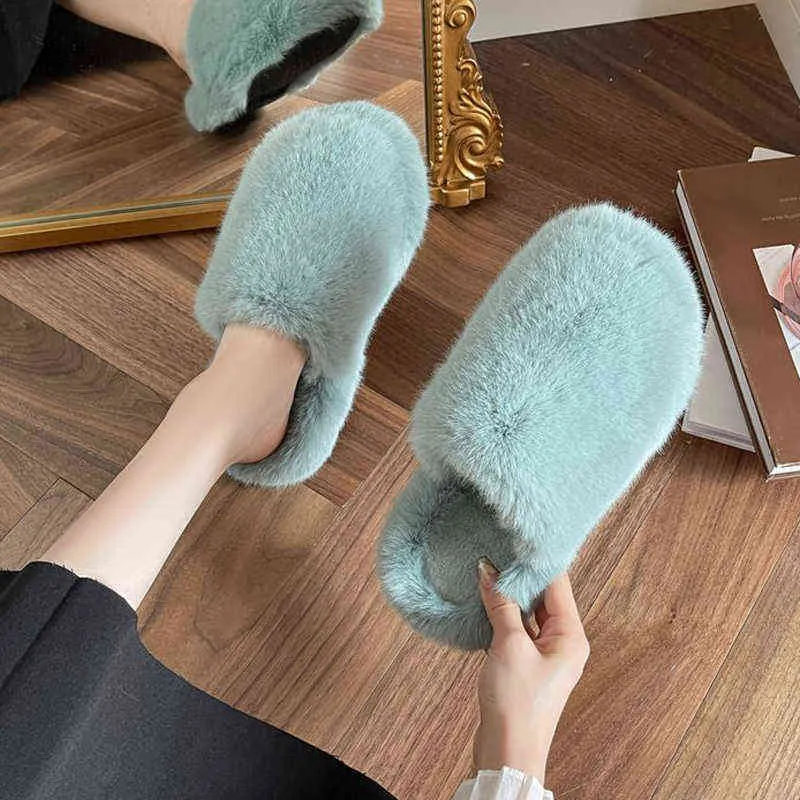 2022 Mode Pantoufles Moelleuses Hiver Femmes Pantoufles Bout Fermé Pantoufles En Peluche Couleur Unie Maison Chaude Diapositives Chaussures De Sol Intérieur W220218