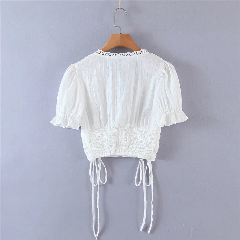 Lace Drawstring Short Blouses Summer Women's Fashion Vintage Puff Sleeve Sexy Slim Deep V-neck Crop Top 210514