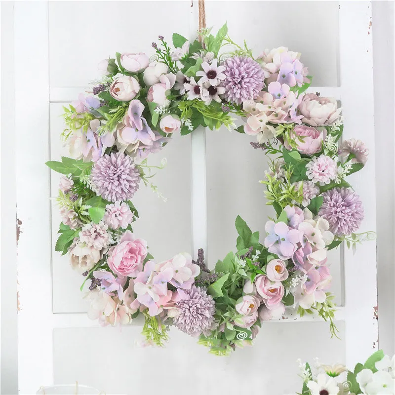 Couronne de fleurs artificielles en soie, Rose, pivoine, pom, hortensia, 16 pouces, couronne ronde de printemps, décoration de maison pour porte d'entrée, fournitures de mariage