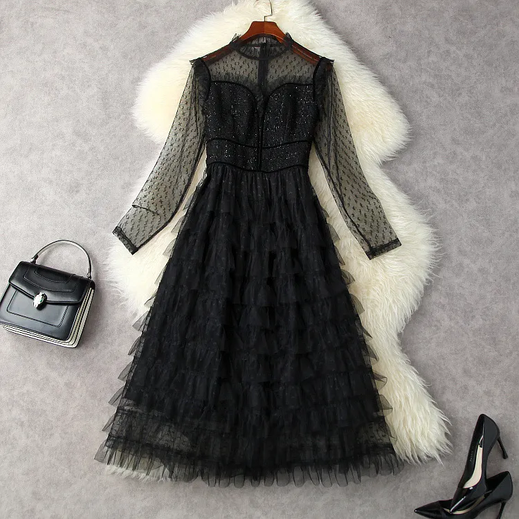 Lång ärmhjärtor tyllpanelpanel tweed klänning tiered rund hals svart / röd mitten av kalv eleganta casual klänningar l3w132819