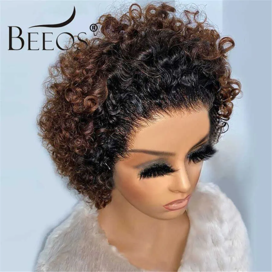 Beeos Short Curly 250 Pixie Cut Bob Wig 132 Spets Front Human Hair Wigs Brazilian Remy Human Hair Pre Plucked With Baby Hair S082695378692