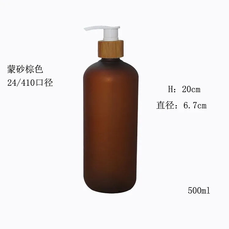 Bottiglie di stoccaggio Vasetti 500ML 10 / 20 pezzi Ambra smerigliata Plastica Emulsione cosmetica Pompa lozione Bottiglia Testa di bambù Shampoo Gel doccia P295t