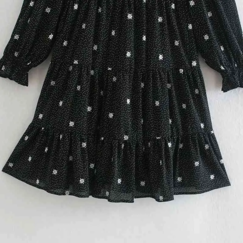 Spring Women Flower Dot Print Chiffon Tiered Ruffle Klänning Kvinna Puff Sleeve Kläder Lady Loose Vestido D7217 210430