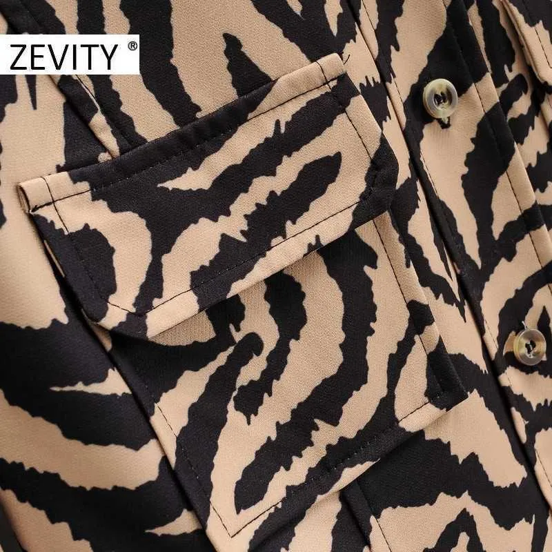 Zevity Donne Vintage Animal Pattern Stampa Breve Camicia Camicia Dress Vestito Lady Poskets Patch Lantern Sleeve Vestido Chic Abiti DS4354 210603