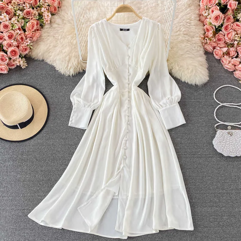 Vintage Pink/White Single Breasted Long Dress Women Summer Elegant V-Neck Lantern Sleeve High Waist Party Vestidos Spring Autumn Y0603