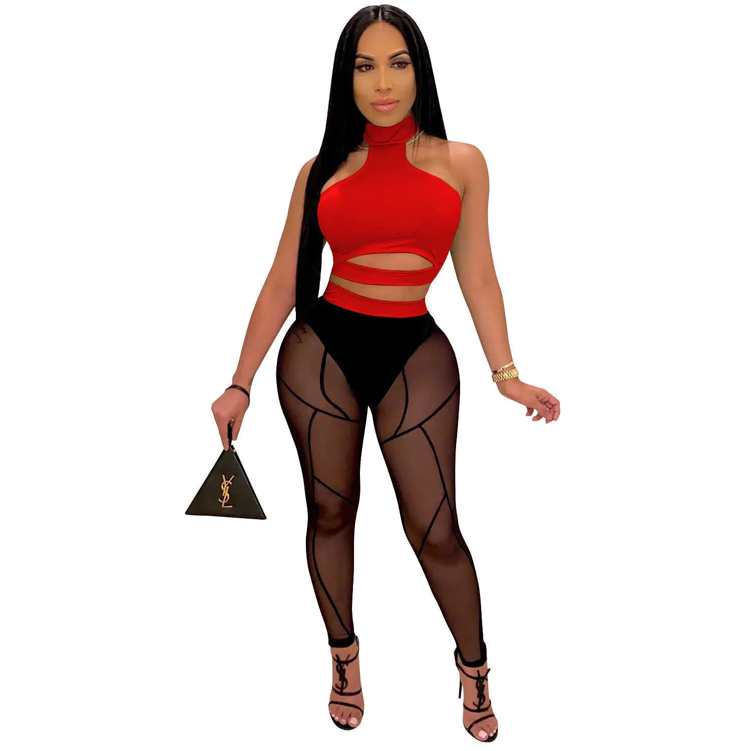 Zoctuo Sexy Club Party Women Set Mesh See Through Top Sweatpant Jogger Suit Tuta Cut Out Pants Set coordinato Outfit Y0625