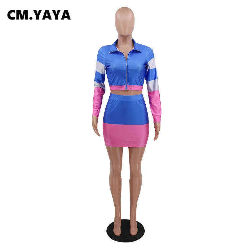 CM.YAYA Women Sets Full Sleeve Zipper Crop Tops Skinny Elastic Mini Skirts Matching Women's Two Piece Set Outfit Spring Autumn 211116