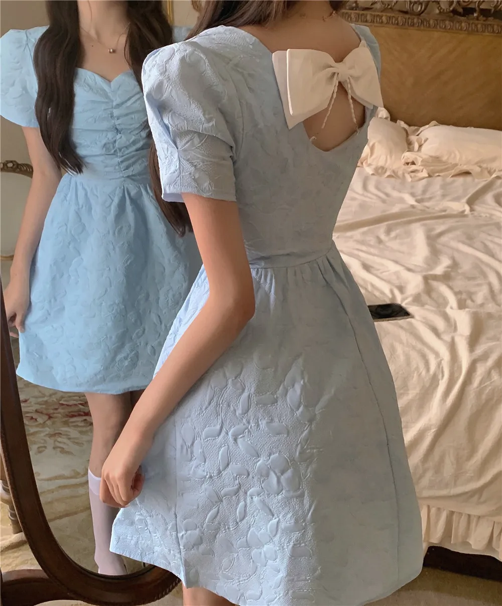 Mini abito da donna elegante dolce fata estate coreano sexy fiocco posteriore fasciatura kawaii abito da sera a-line 210518