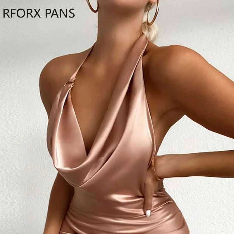 Kobiety Solidna Neck Cowl Satin Ruched Party Dress Mini Dress Bodycon Elegancka Dress X0521