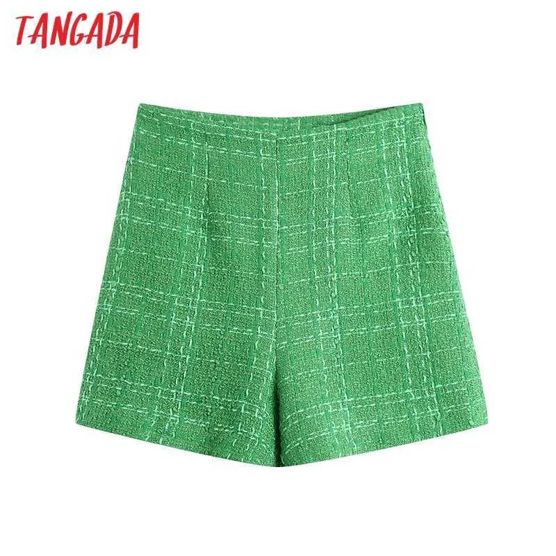 Tangada femmes vert Tweed Shorts Vintage taille haute fermeture éclair au dos avec doublure femme pantalon court Mujer BE612 210609