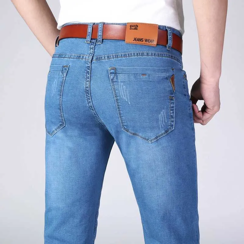 Printemps Été Hommes Jeans Stretch Mince Denim Bleu Clair Couleurs Hommes Droite Jean Pantalon Casual Léger Jeans Pantalon 211008