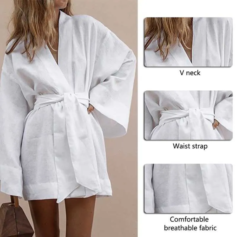 Women's V-Neck Kimono Cardigan Mini Dress Cotton Linen Long Sleeve Sashes Dresses Robe Style Lace Up Summer Loose Vestidos Y1006
