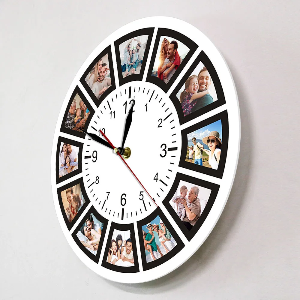 Maak je eigen aangepaste 12 foto's Collage Instagram Custom Home Wall Clock Personalized Family Photos Printed Clock Wall Watch 210325