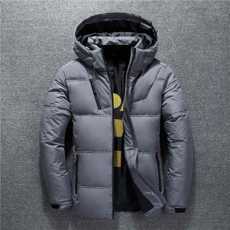 겨울 따뜻한 남자 자켓 코트 캐주얼 가을 스탠드 칼라 복어 두꺼운 모자 화이트 오리 파카 후드 211214