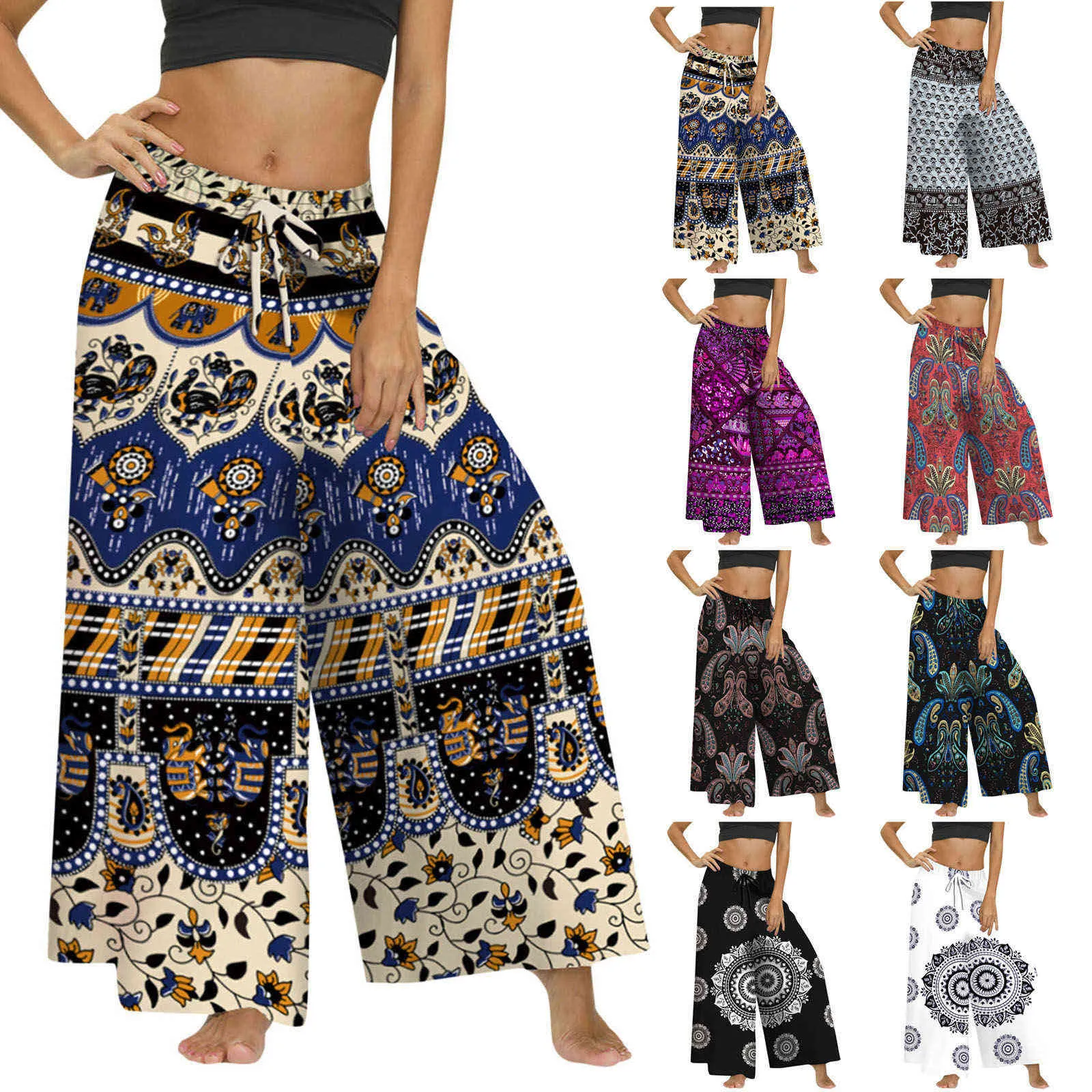 2021 Zomer Vrouwen Wide Been Broek Nation Style Print Hoge Taille Casual Losse Dames Sport Boho Broek Baggy Female Harem Pant Q0801