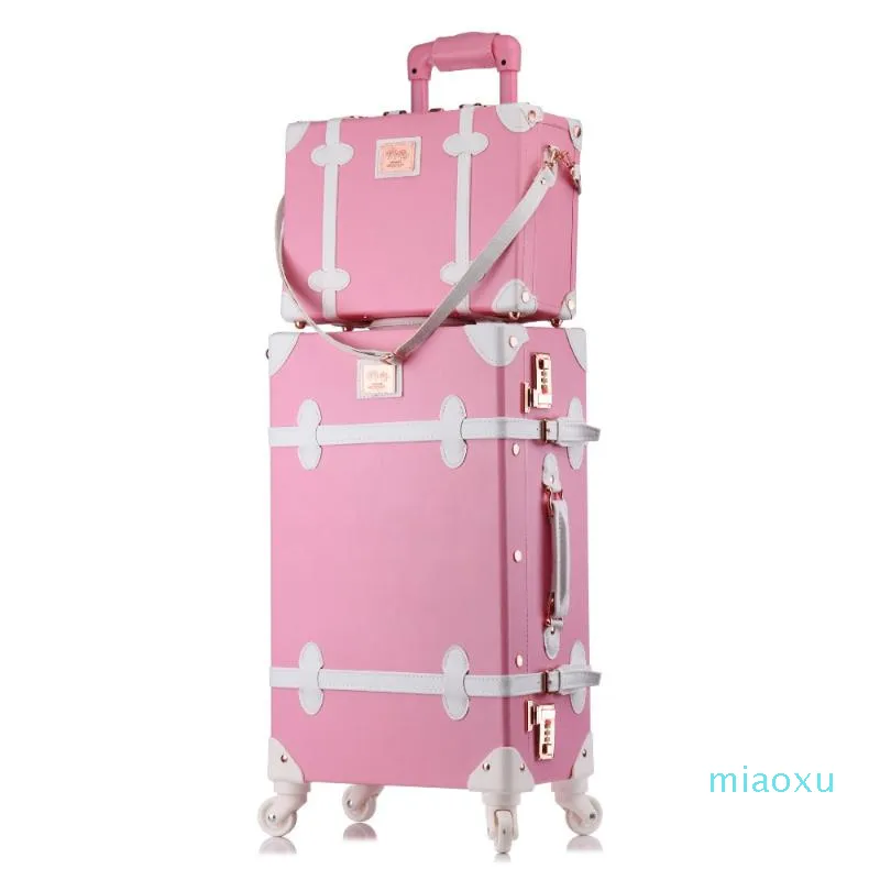 Чемоданы 20, 24, 26 дюймов, набор чемоданов на колесиках, женский чемодан на колесах из искусственной кожи, розовый, модный, ретро, тележка с колесиками Girls235Y