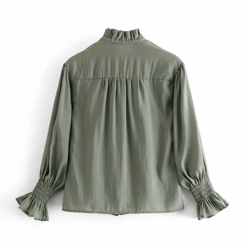 Oversize Women Lace Collar Single Breasted Blouse Spring Fashion Ladies Vintage Loose Female Puff Sleeve Green Shirt 210515