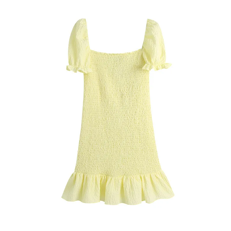 Moda Puff Sleeve Płaszcza Kobiety Sukienka Lato Solid Yellow Square Collar Lady Krótki Slim Vintage Kobieta 210430