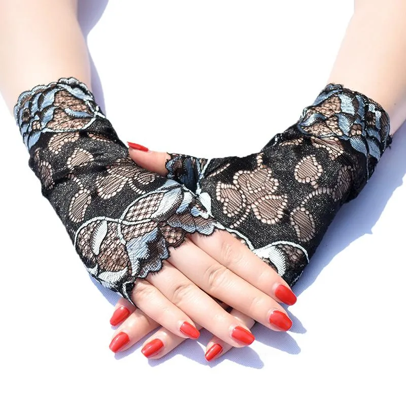 Short Summer Thin Lace Sun Protection Half-finger Gloves Female Riding UV Dance Performance Five Fingers263s
