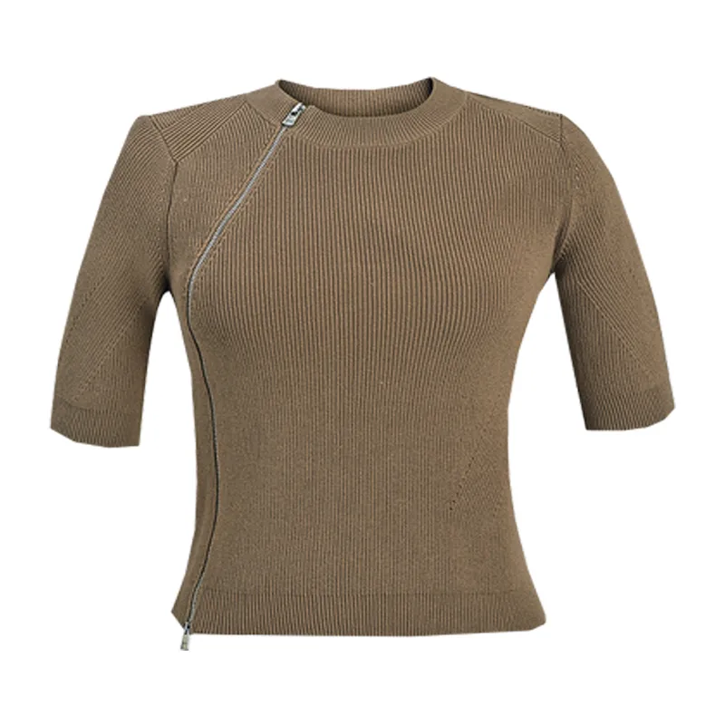 Moda okrągły szyi Cienkie zamek błyskawiczny Sweter Lato z krótkim rękawem Top Odzież damska 210520