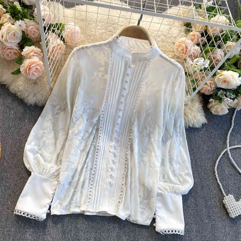 Koreańska luksusowa koszula damska wiosna latarnia rękawa biurowa pani biznesowa nosić czarne białe koszule żeńskie przyciski Najlepsza bluzka 210514