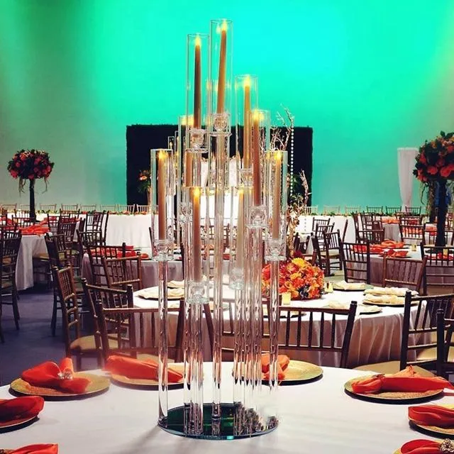 Bras de décoration de fête à longues tiges, tube acrylique transparent moderne, bougeoirs en cristal d'ouragan, centres de table de mariage RRA105250z