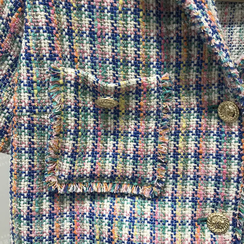 2021 automne automne manches courtes revers crantés veste bleue style français Plaid Tweed double poches vestes à simple boutonnage manteaux courts G123062