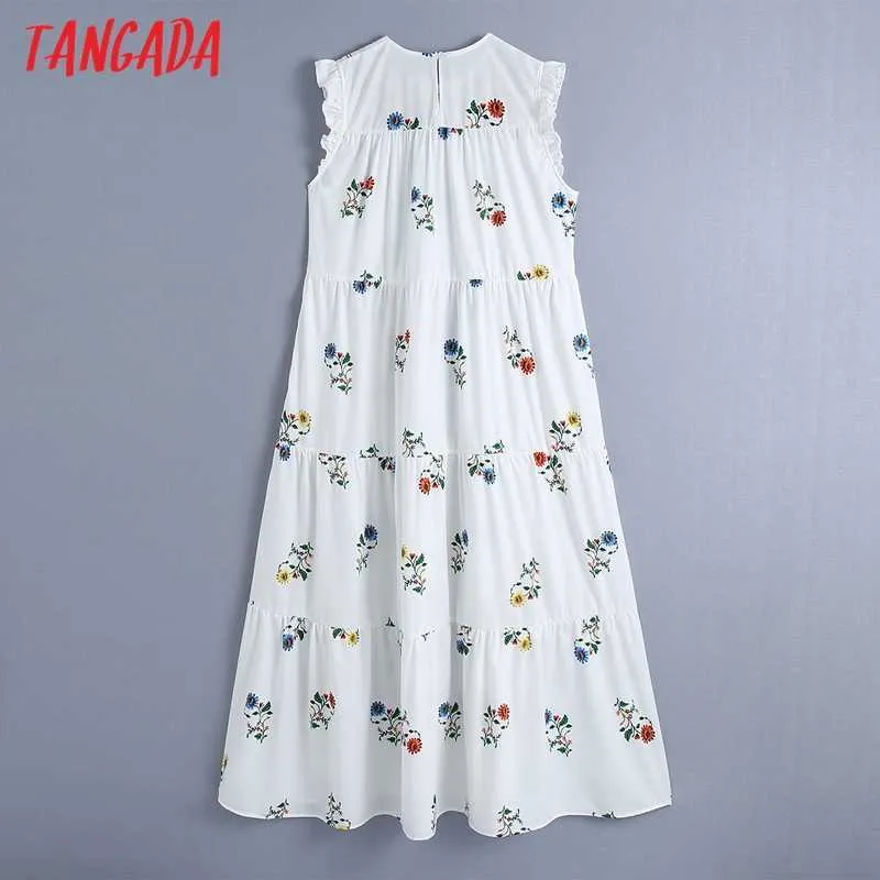 Tangada Donna Chic Fashion Abito longuette estivo ricamato floreale Vintage maniche arruffate Abiti femminili Mujer BE498 210609