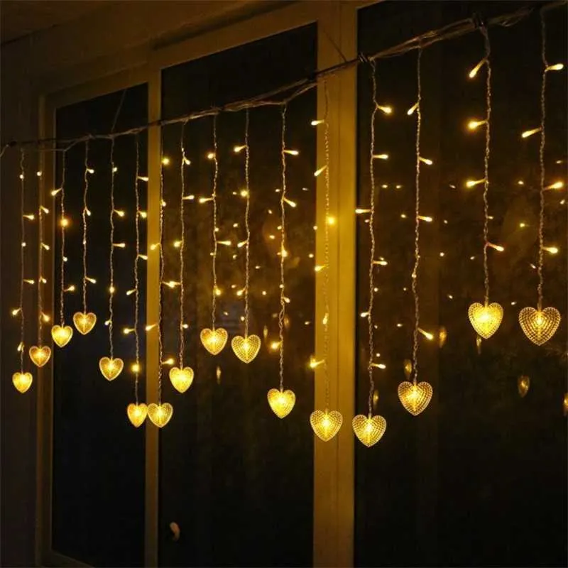 Noël LED coeur rideau lumières glaçon fée guirlande guirlande lumineuse pour la maison fête jardin vacances décoration de noël romantique Y0720