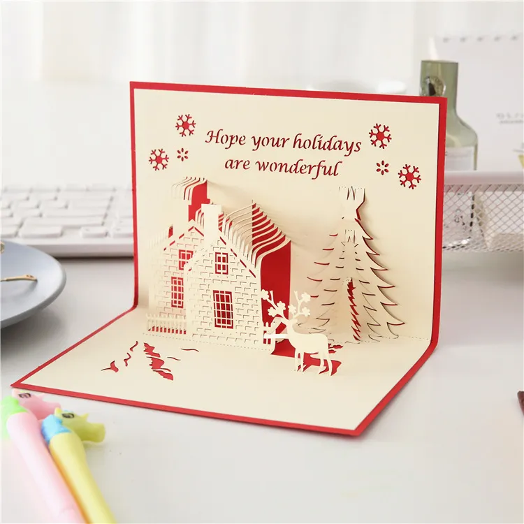Christmas 3D Greeting Cards Colorful Tree Laser Cutting Envelope Postcard Hollow Carved Handmade Children Gift Card
