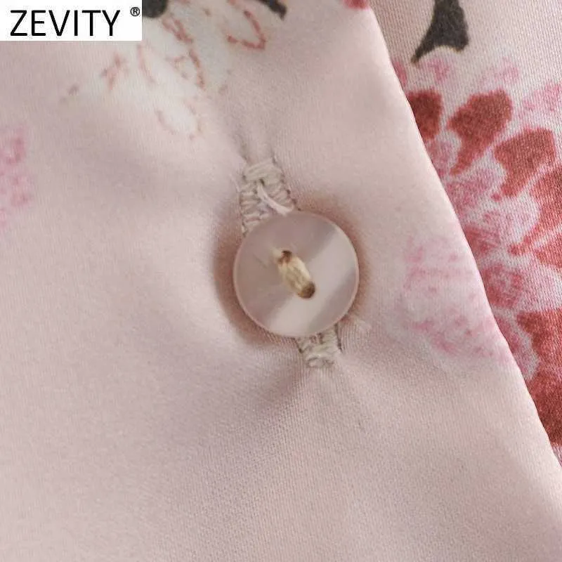 Zevity Women Fashion Pink Flower Print Casual Chiffon Smock Blouse Office Ladies Long Sleeve Shirts Chic Blusas Tops LS7678 210603