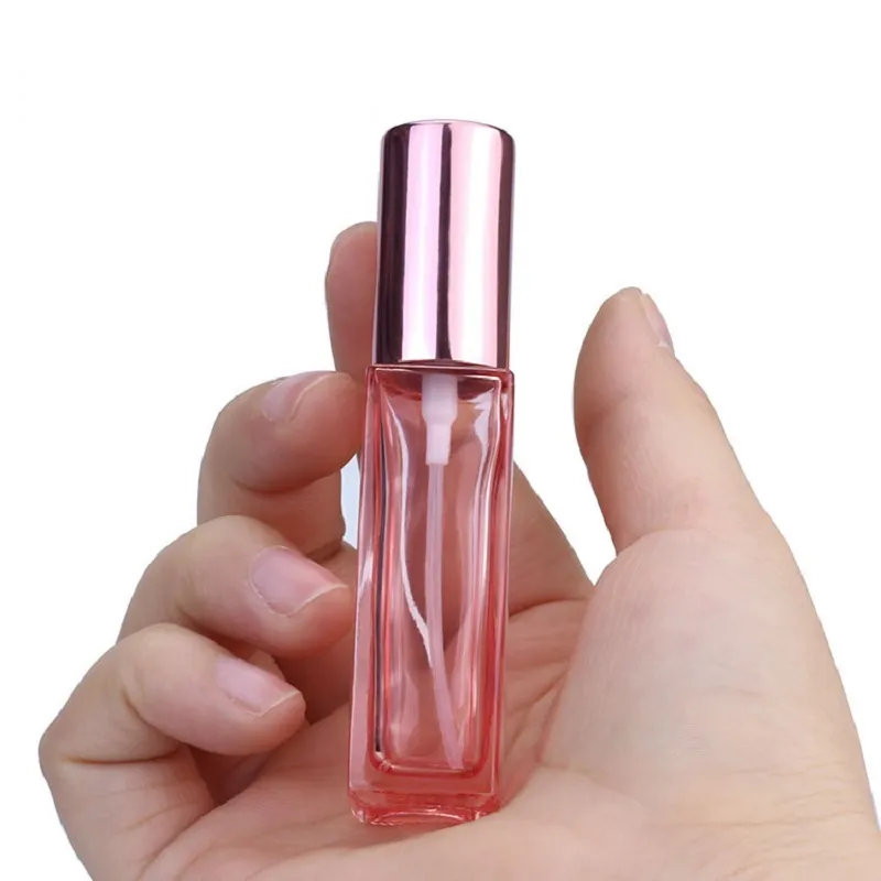 5ml 10ml quadrado de vidro perfume pulverizador de pulveriza recipientes cosméticos atomizador de atomizador rosa embalagem de ouro garrafa recarregável 30 peças / lote