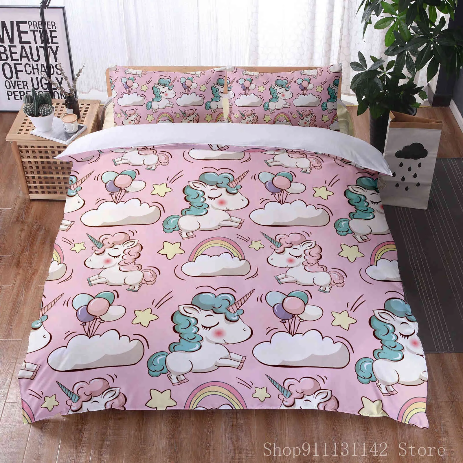 Copripiumino stampato con unicorno luminoso colorato Biancheria da letto con motivo animale del fumetto Queen King Tessili la casa a grandezza naturale