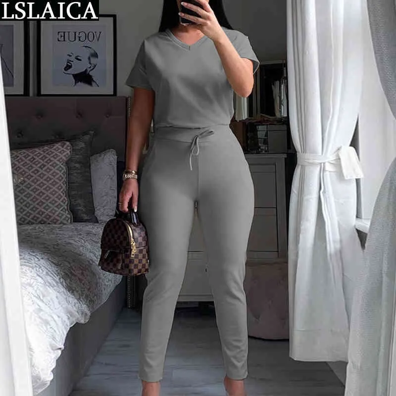 Plus Size Set Mulheres Manga Curta V Pescoço TopLong Calças Dois Roupas para Sólido Slim Fitness Tracksuit 210520