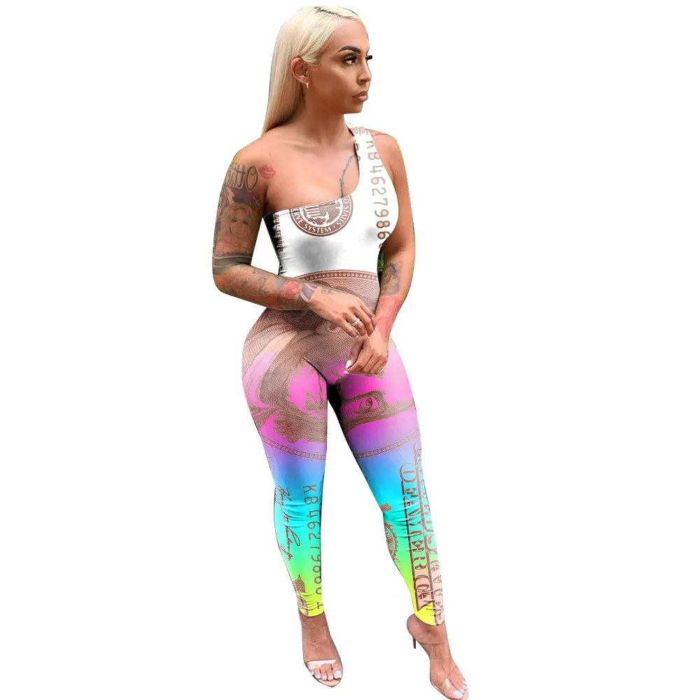 Tute da donna Prodotto di tendenza Volto umano Tie Dye Skinny Una spalla Pantaloni a vita alta Pagliaccetti sexy Party e Club Wear 210525