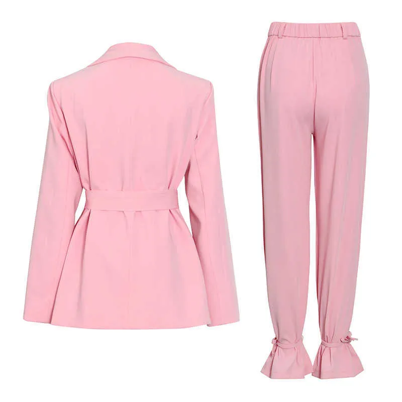 TwoTyle Casual Roze Broekpakken Vrouwelijke Gekeerde Lange Mouw Koreaanse Slanke Blazer Hoge Taille Wide Leg Pant's Suit 210930