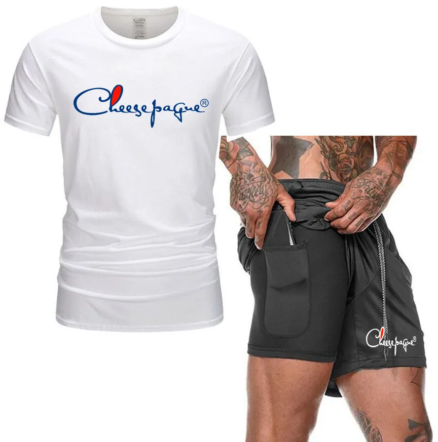 Dres marki nadruk LOGO mężczyźni lato z krótkim rękawem Casual 100% bawełniana koszulka spodenki męskie dresy Tee topy + spodnie dresowe zestaw męski